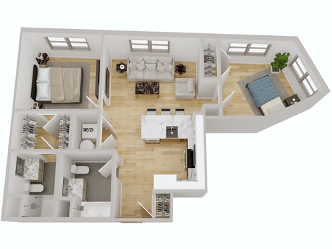 Floor plan for 2 beds, 2 baths, 861 sqft